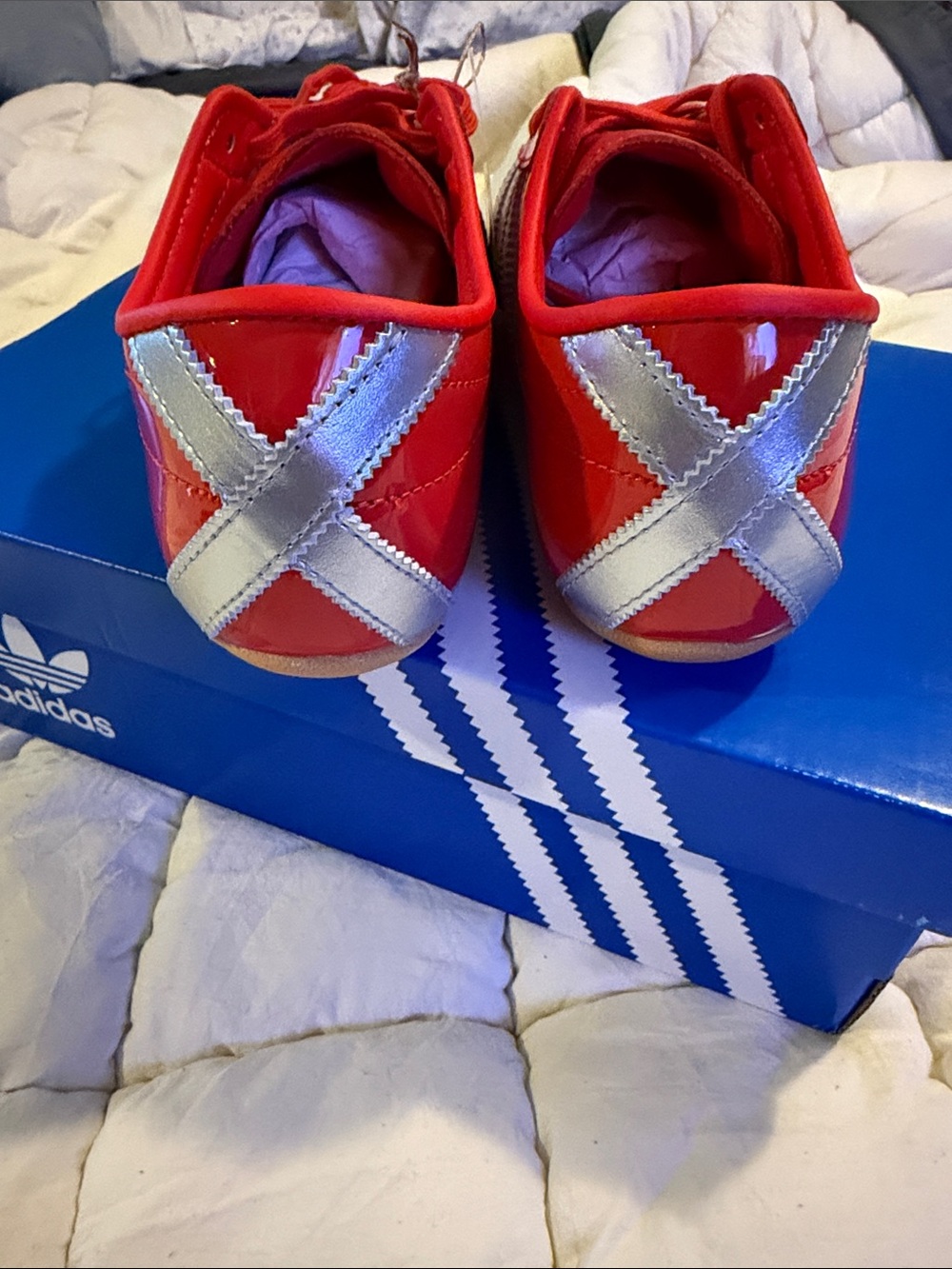 adidas Red Patent Leather Sneakers with Silver Stripes Tokyo - Picture 6 of 7